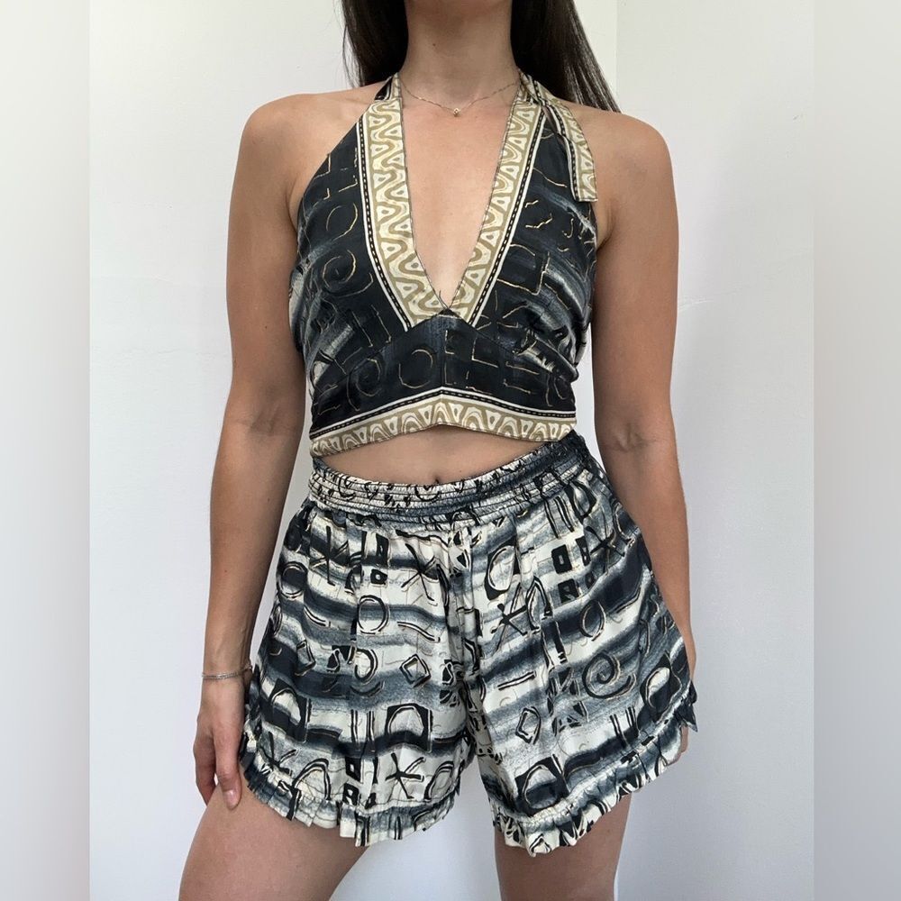 Black Silk Two Piece Halter Top & Short Set Handmade Indian Tribal Print Size S